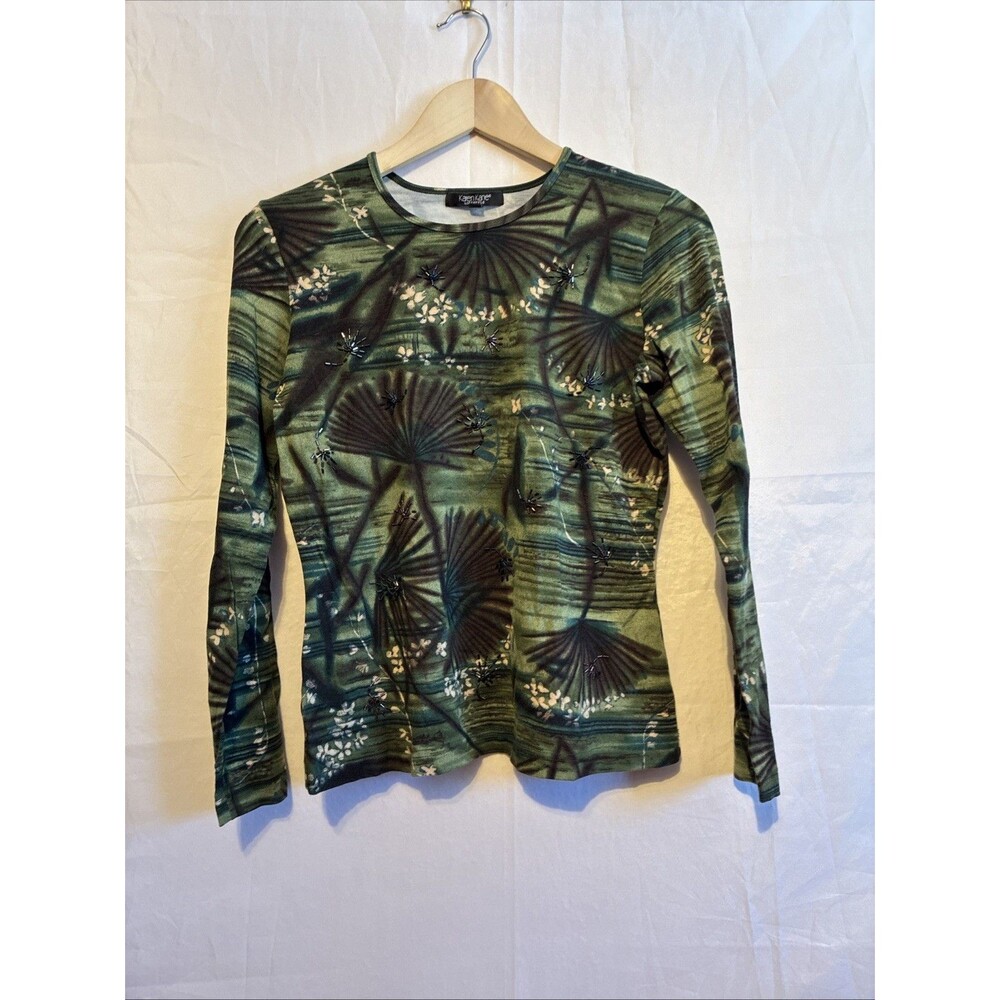 Karen Kane Lifestyle Top Large Green Beaded Long Sleeve Stretch Knit
